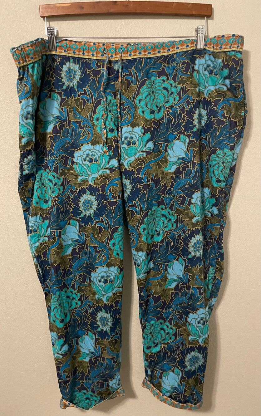 Sundance Leia Teal & Navy Floral Cropped Lounge Pants Womens XXL Relaxed Artsy